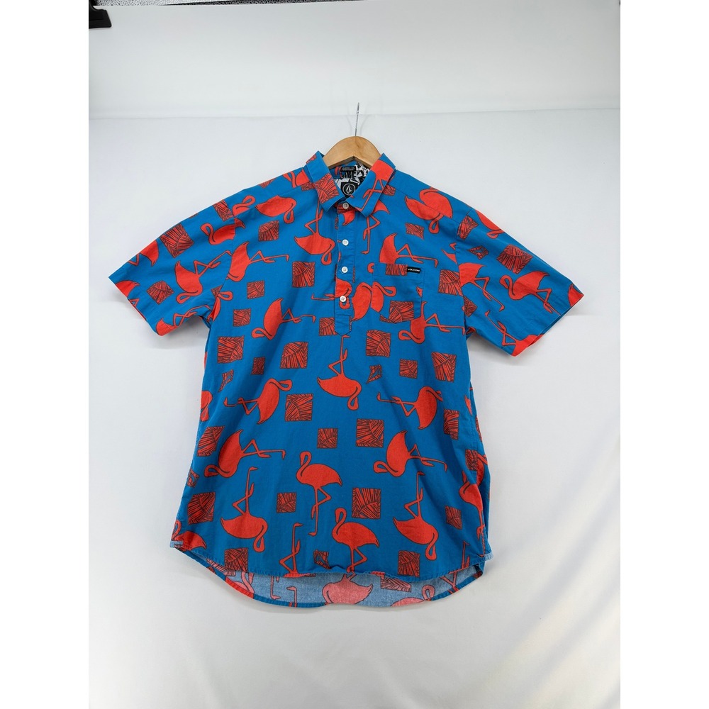 Volcom Flamingo Print Popover Shirt Mens Large Blue Red Short Sleeve A0411704
